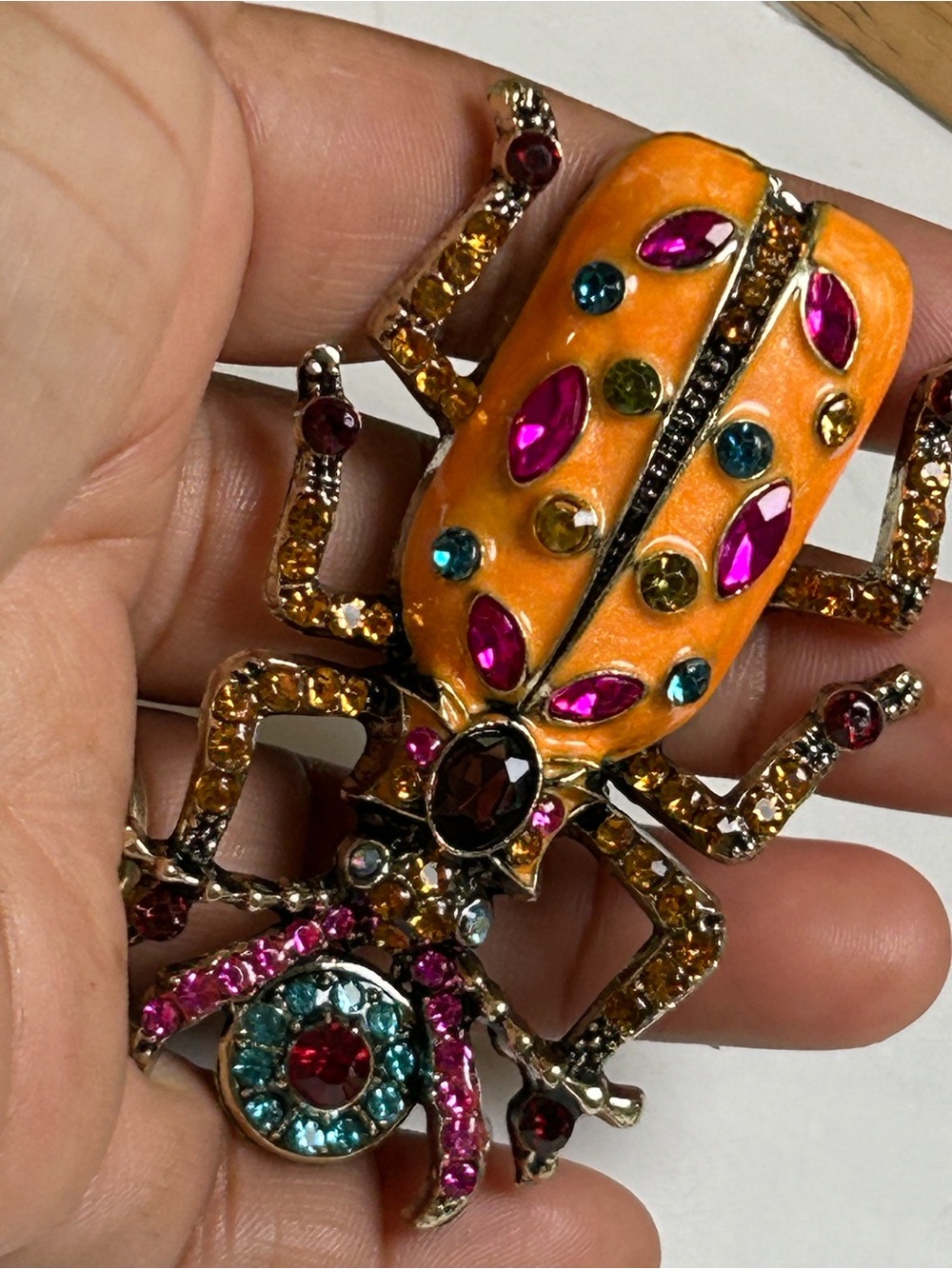 Colorful Orange Beetle Brooch with Multicolor Crystals